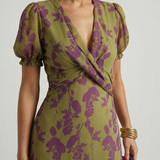 Cynara — Floral Wrap-Front Midi Dress with Puff Sleeves