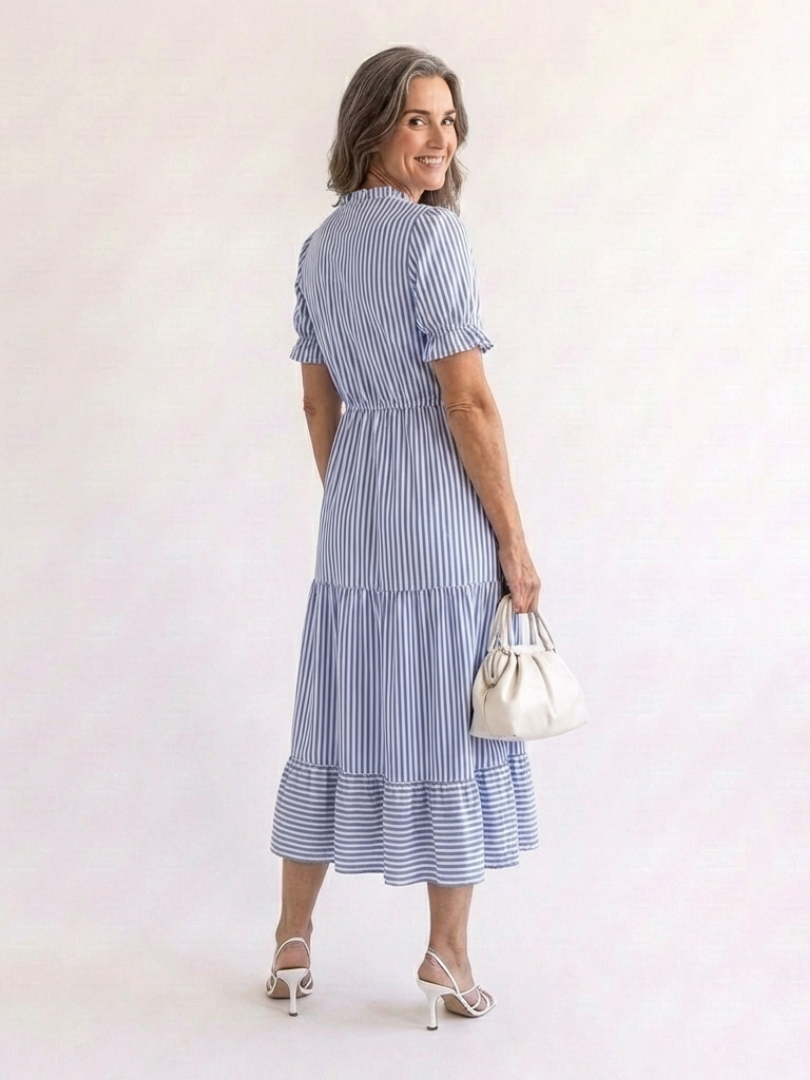 Juta — Periwinkle Blue V-Neck Tiered Midi Dress with Tassel Ties