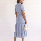 Juta — Periwinkle Blue V-Neck Tiered Midi Dress with Tassel Ties