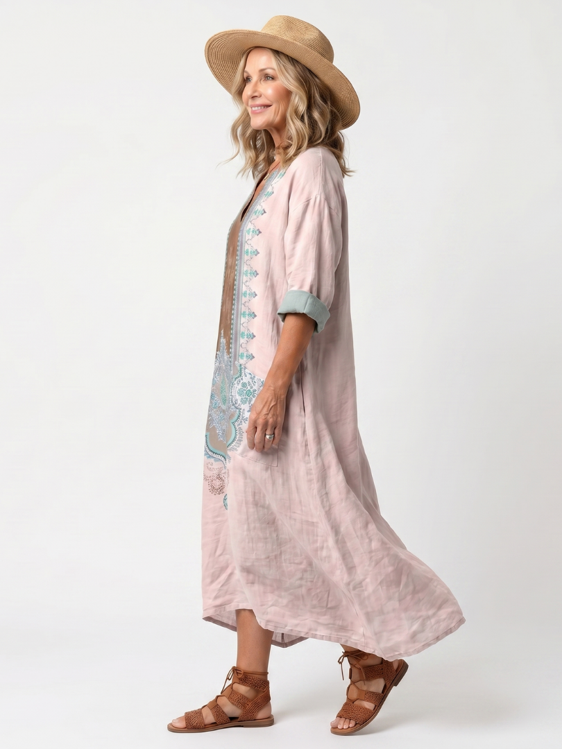 Dorit — Blush Pink Embroidered-Panel Relaxed Midi Dress with Pockets