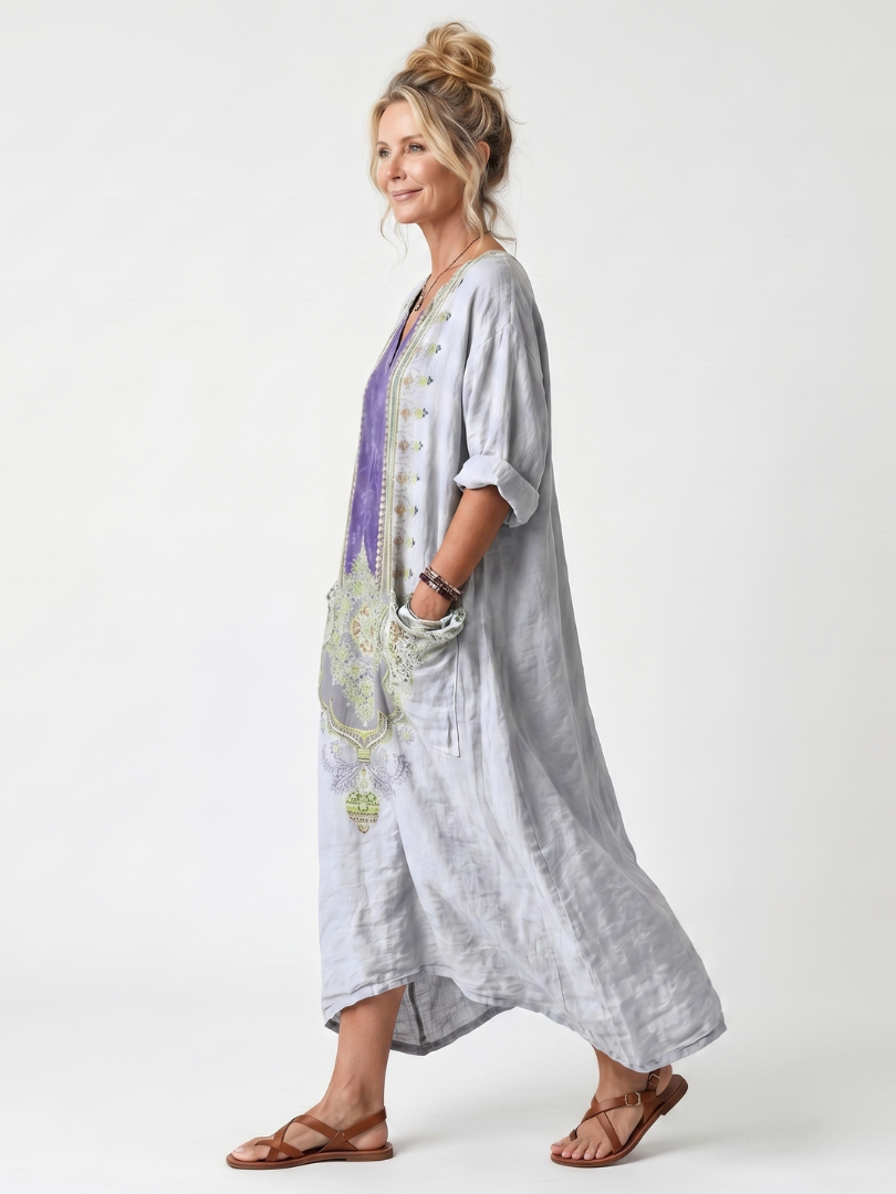 Bodil — Grey Contrast-Panel Relaxed Midi Dress with Embroidered Detail and Pockets