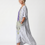 Bodil — Grey Contrast-Panel Relaxed Midi Dress with Embroidered Detail and Pockets