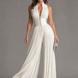 Amarantha — White Pleated Halter-Neck Jumpsuit with Defined Waist