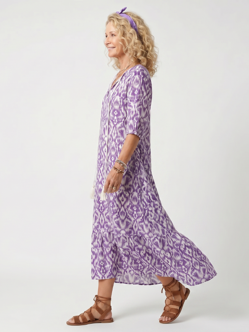 Orlaith — Purple Ikat-Print Tassel-Tie Maxi Dress with Tiered Skirt