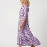 Orlaith — Purple Ikat-Print Tassel-Tie Maxi Dress with Tiered Skirt