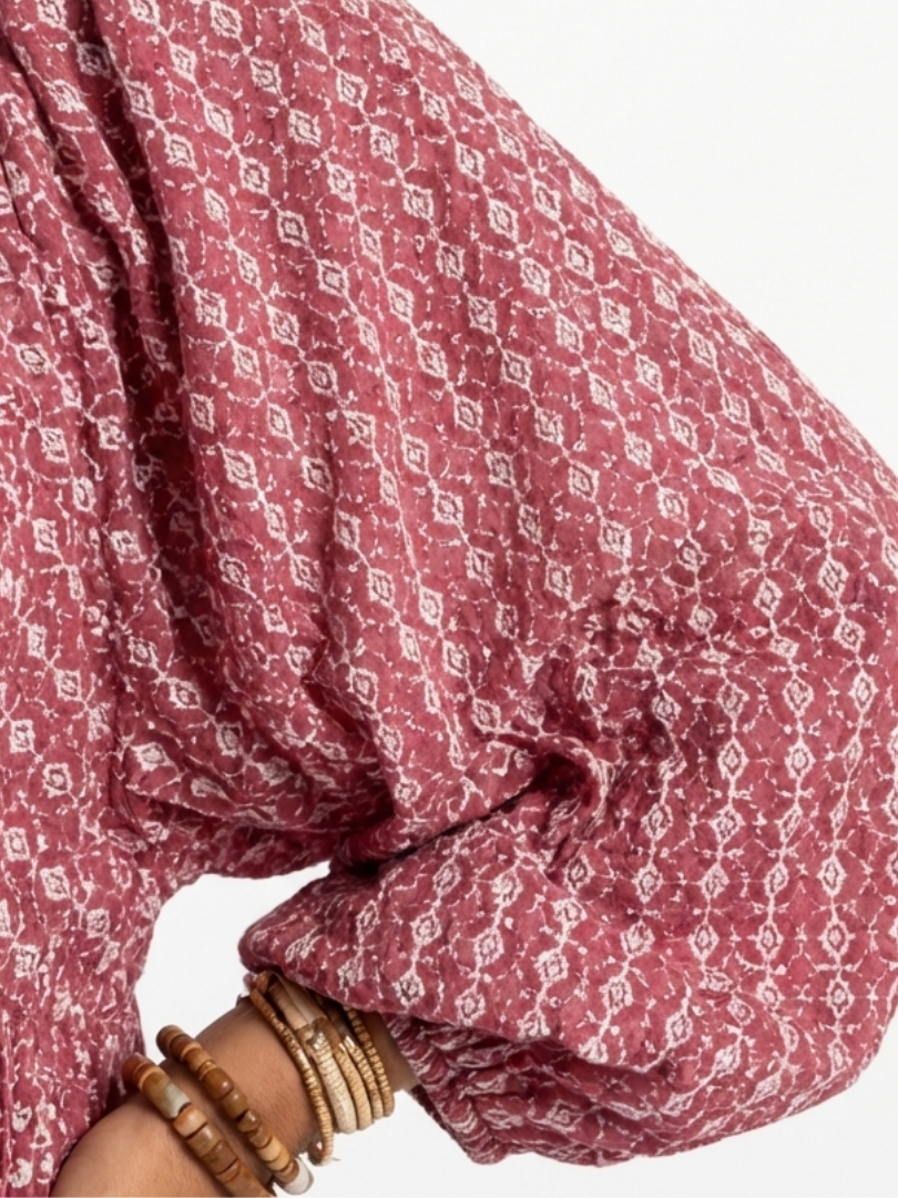 Ferelith — Raspberry Geometric-Print Tiered Maxi Dress with Balloon Sleeves