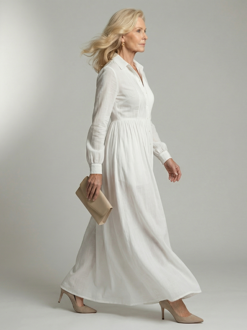 Alarice — Button-Front Pleated Shirt Maxi Dress