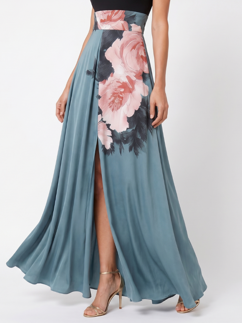 Keturah — Black Halter Bodice and Blue Rose-Print Maxi Dress with Front Slit