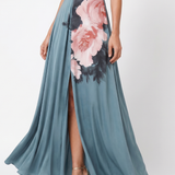 Keturah — Black Halter Bodice and Blue Rose-Print Maxi Dress with Front Slit