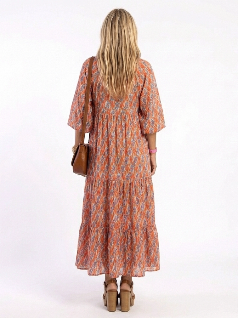 Herta — Orange Ikat-Print Tiered Maxi Dress with Tie Neck and Balloon Sleeves