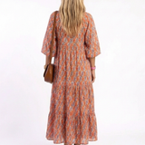 Herta — Orange Ikat-Print Tiered Maxi Dress with Tie Neck and Balloon Sleeves