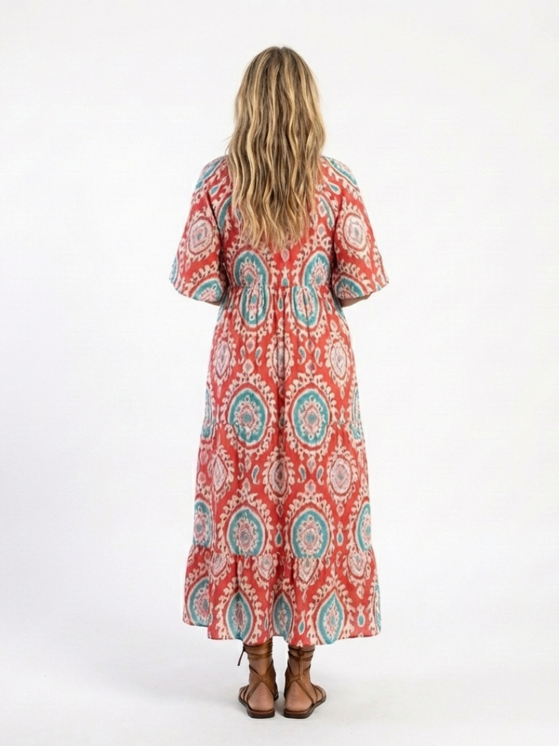 Isolina — Red Medallion-Print Tiered Maxi Dress with Short Sleeves