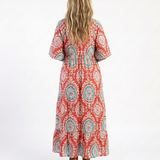 Isolina — Red Medallion-Print Tiered Maxi Dress with Short Sleeves