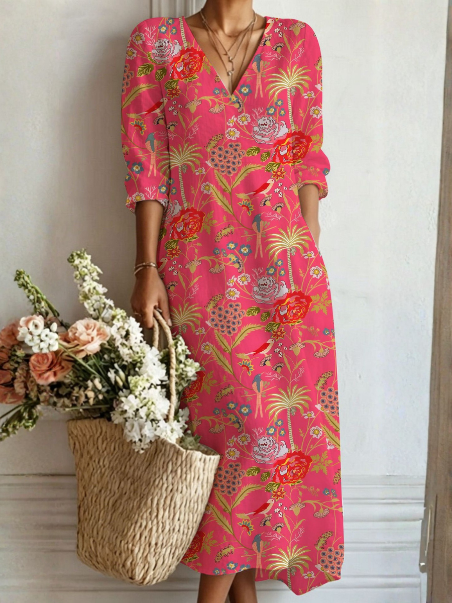 Cathleen — Hot Pink Floral V-Neck Boho Maxi Dress
