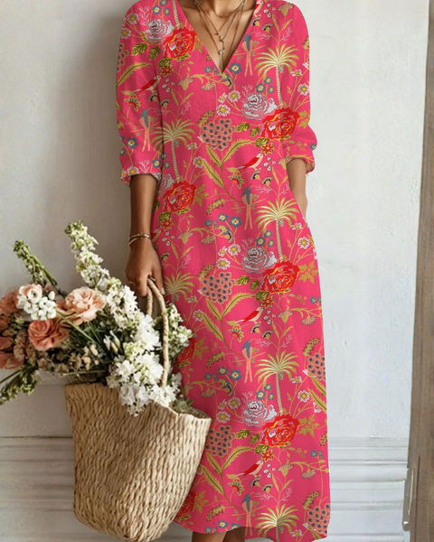 Cathleen — Hot Pink Floral V-Neck Boho Maxi Dress