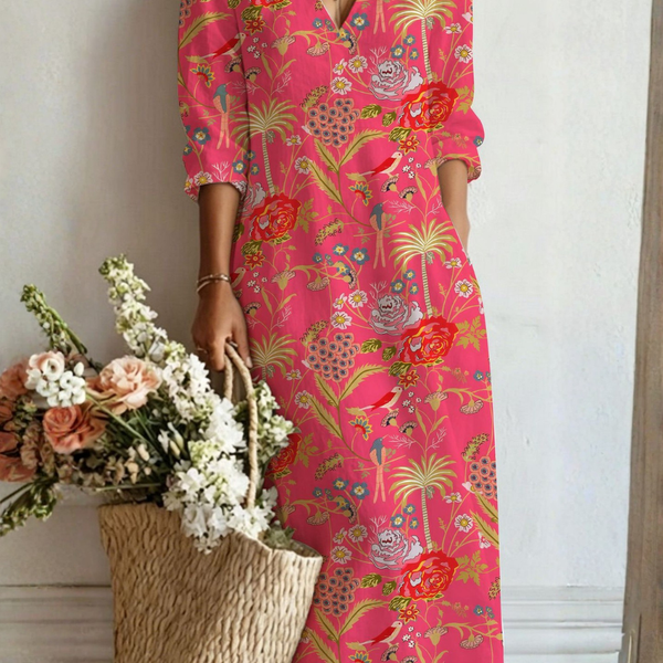 Cathleen — Hot Pink Floral V-Neck Boho Maxi Dress