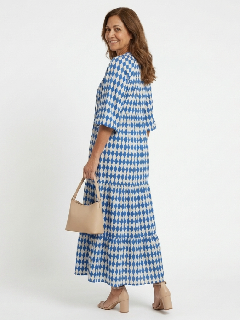 Gytha — Blue Diamond-Print Tiered Maxi Dress with Notch Neckline