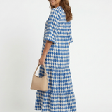 Gytha — Blue Diamond-Print Tiered Maxi Dress with Notch Neckline