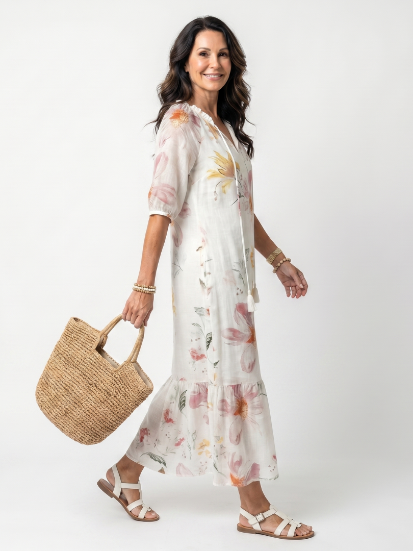 Merewyn — Ivory Soft Floral Tiered Maxi Dress with Tassel Ties