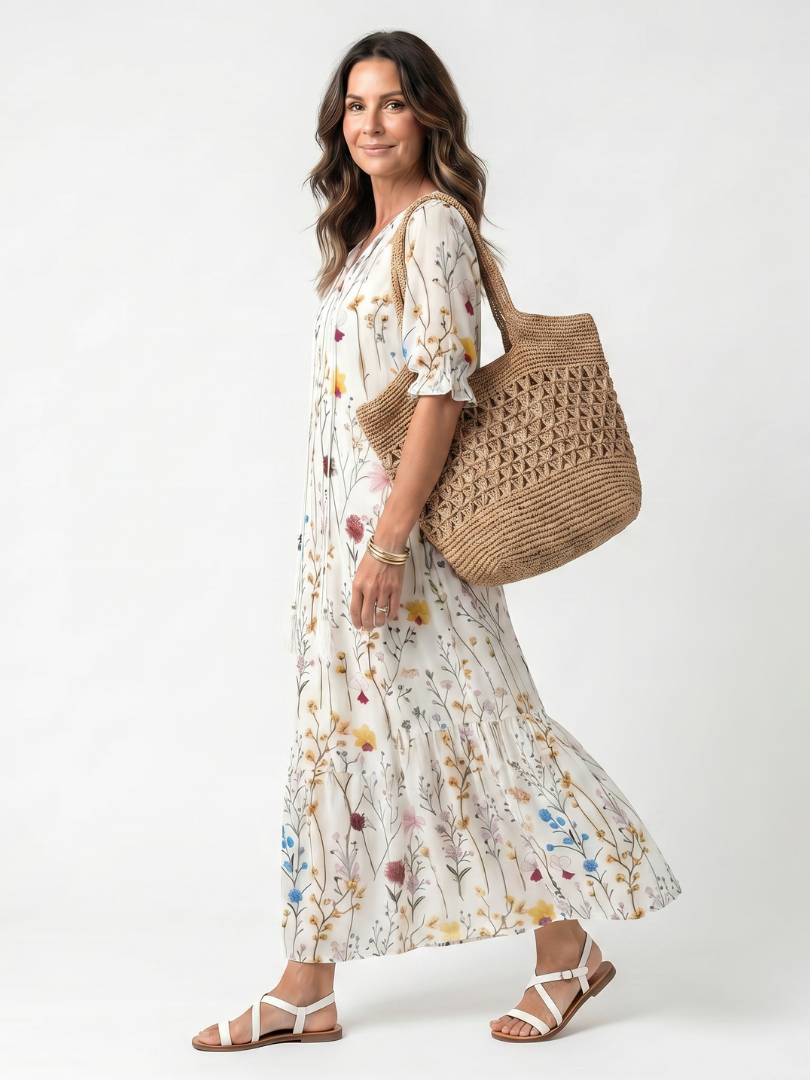 Halldis — Ivory Wildflower-Print Tiered Maxi Dress with Tassel Ties