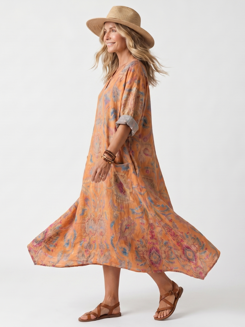 Athalie — Orange Paisley-Print Relaxed Midi Dress with Pockets and Notch Neck