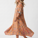 Athalie — Orange Paisley-Print Relaxed Midi Dress with Pockets and Notch Neck