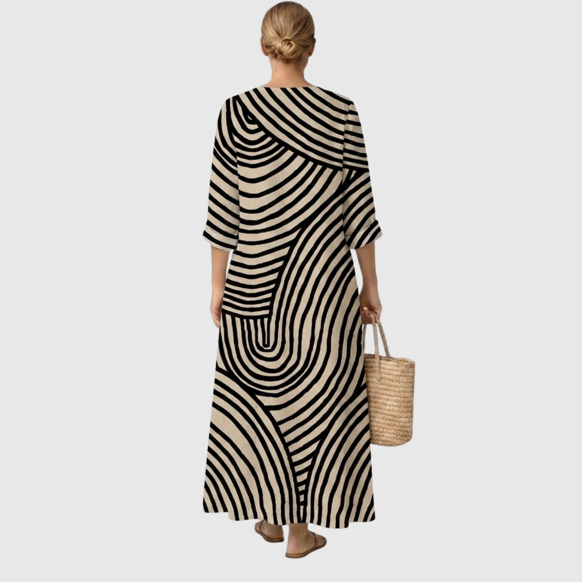 Elan — Taupe Zebra-Stripe V-Neck Boho Maxi Dress