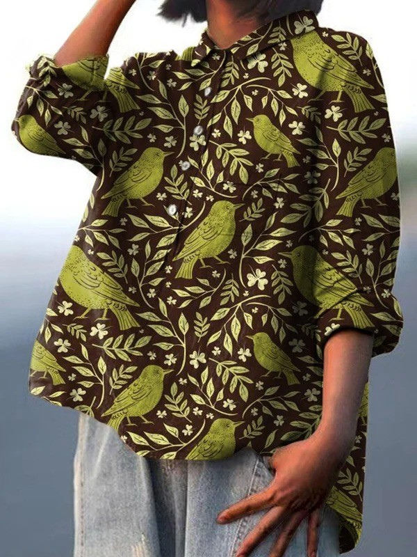 Jadwiga — Brown and Lime Bird Leaf Print Button-Up Blouse