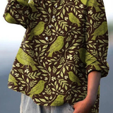 Jadwiga — Brown and Lime Bird Leaf Print Button-Up Blouse