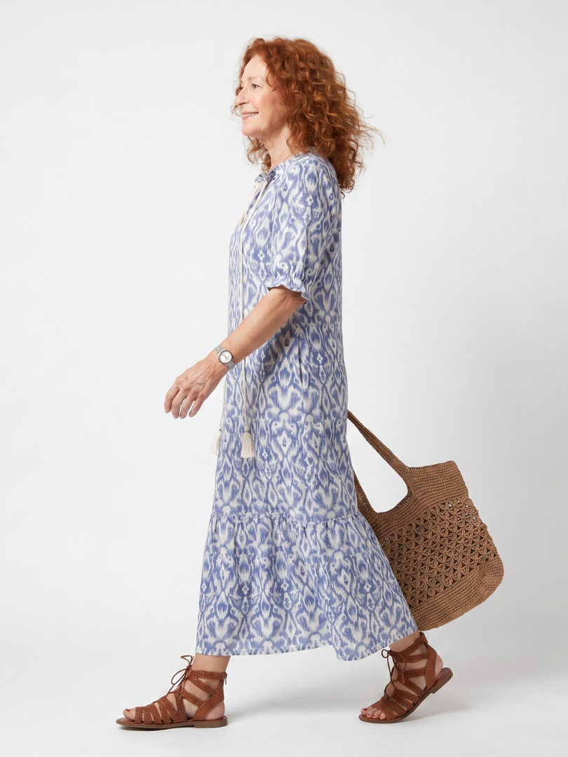 Philippine — Blue and White Ikat-Print Tassel-Tie Maxi Dress with Short Sleeves