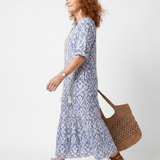 Philippine — Blue and White Ikat-Print Tassel-Tie Maxi Dress with Short Sleeves