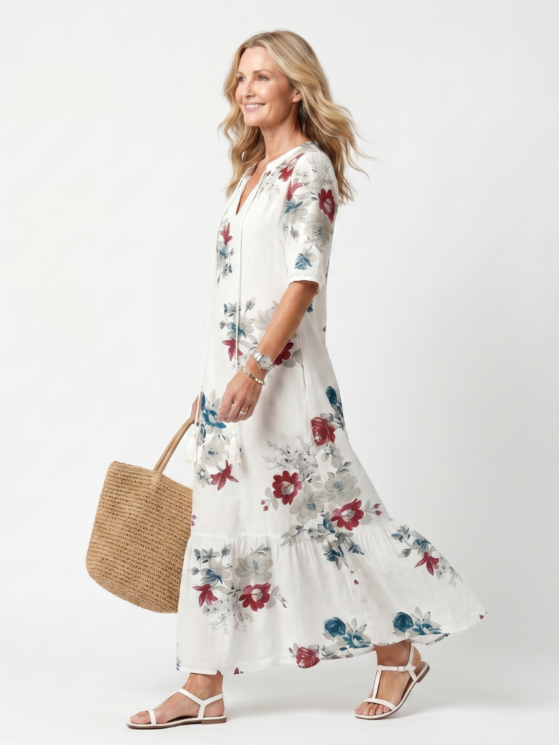 Severine — White Scattered Floral Tiered Maxi Dress with Tassel Ties