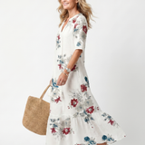 Severine — White Scattered Floral Tiered Maxi Dress with Tassel Ties