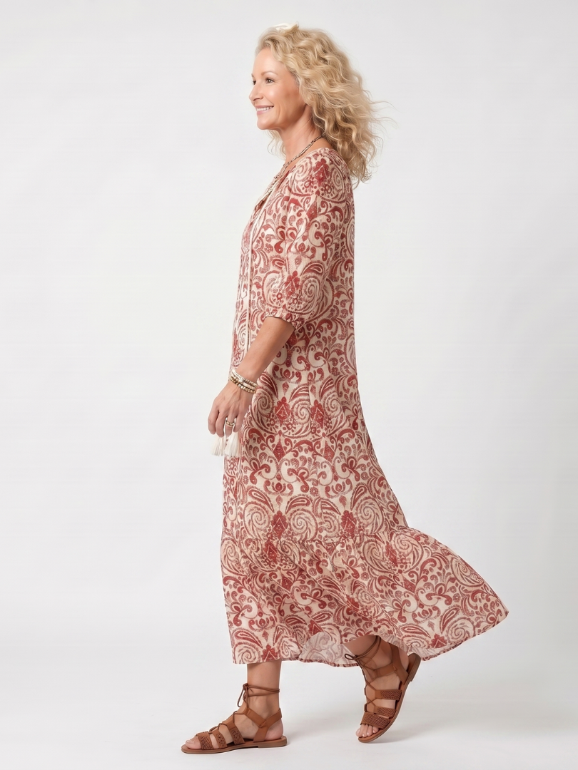 Marzena — Red and Cream Ornate-Print Tassel-Tie Maxi Dress