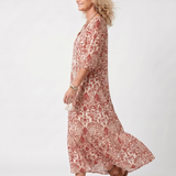 Marzena — Red and Cream Ornate-Print Tassel-Tie Maxi Dress