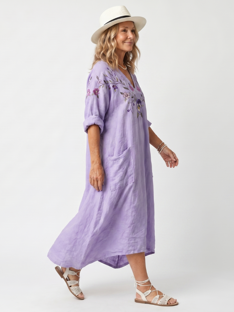 Rozalia — Lavender Floral-Embroidered Relaxed Midi Dress with Pockets