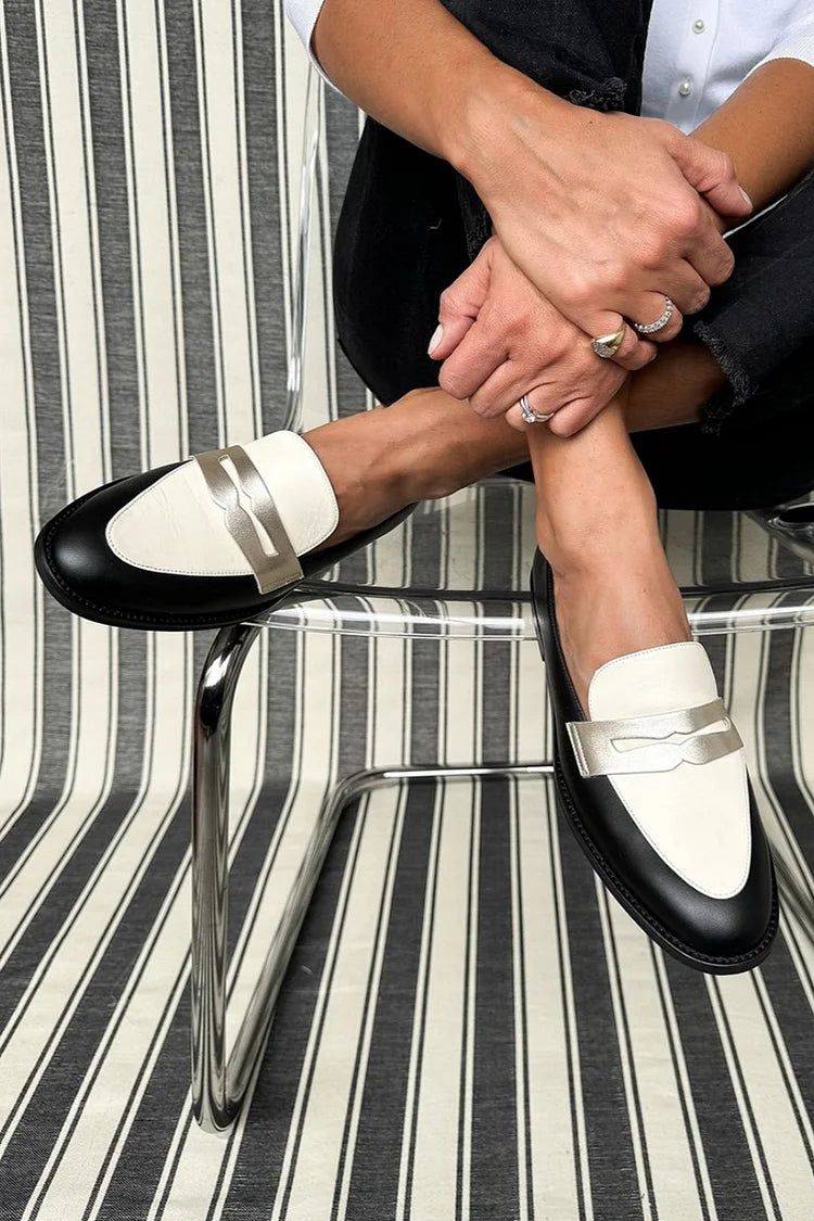 Domenica — Black and White Penny Loafers