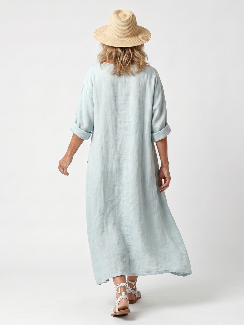 Fredrika — Pale Blue Ornate-Panel Relaxed Midi Dress with Pockets