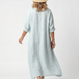 Fredrika — Pale Blue Ornate-Panel Relaxed Midi Dress with Pockets