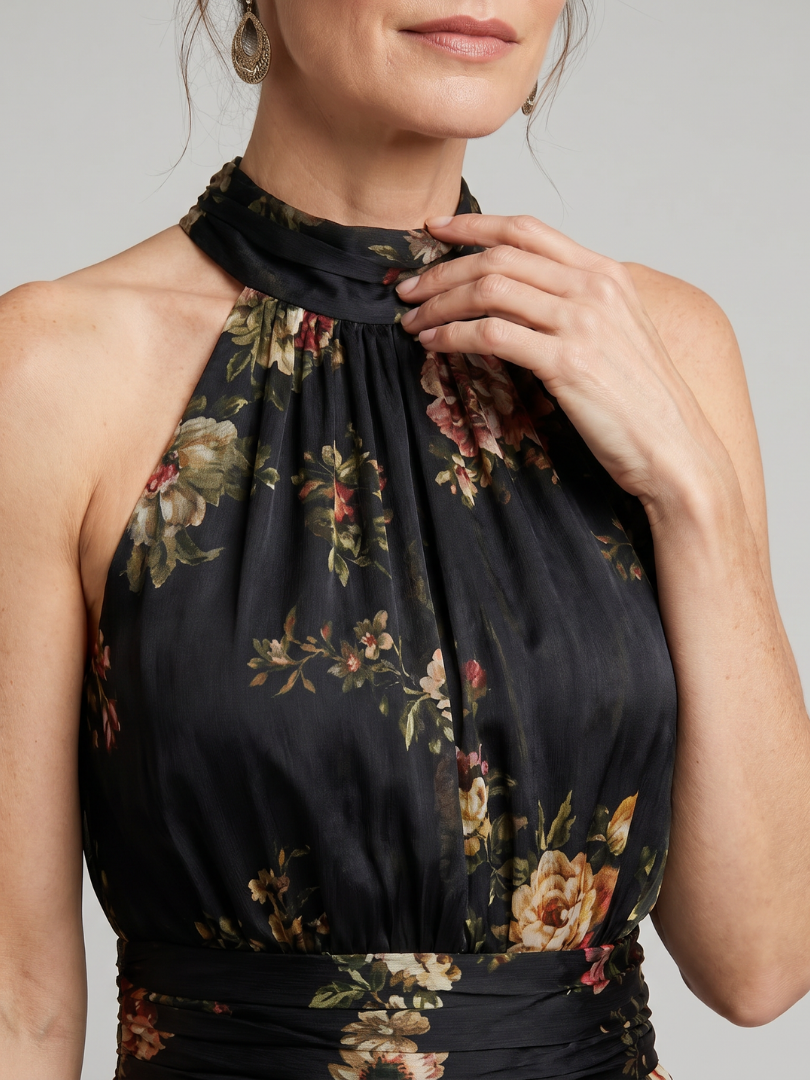Ethne — Black Floral Halter Midi Dress with Gathered Bodice