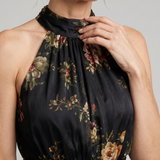 Ethne — Black Floral Halter Midi Dress with Gathered Bodice