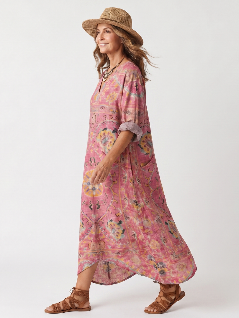 Kjersti — Pink Medallion-Print Relaxed Midi Dress with Pockets