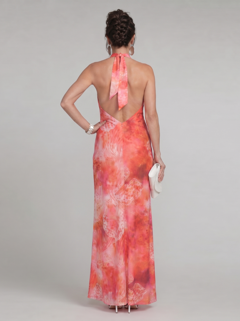 Fermina — Coral Printed Halter Maxi Dress with Fitted Shape