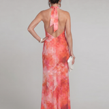 Fermina — Coral Printed Halter Maxi Dress with Fitted Shape