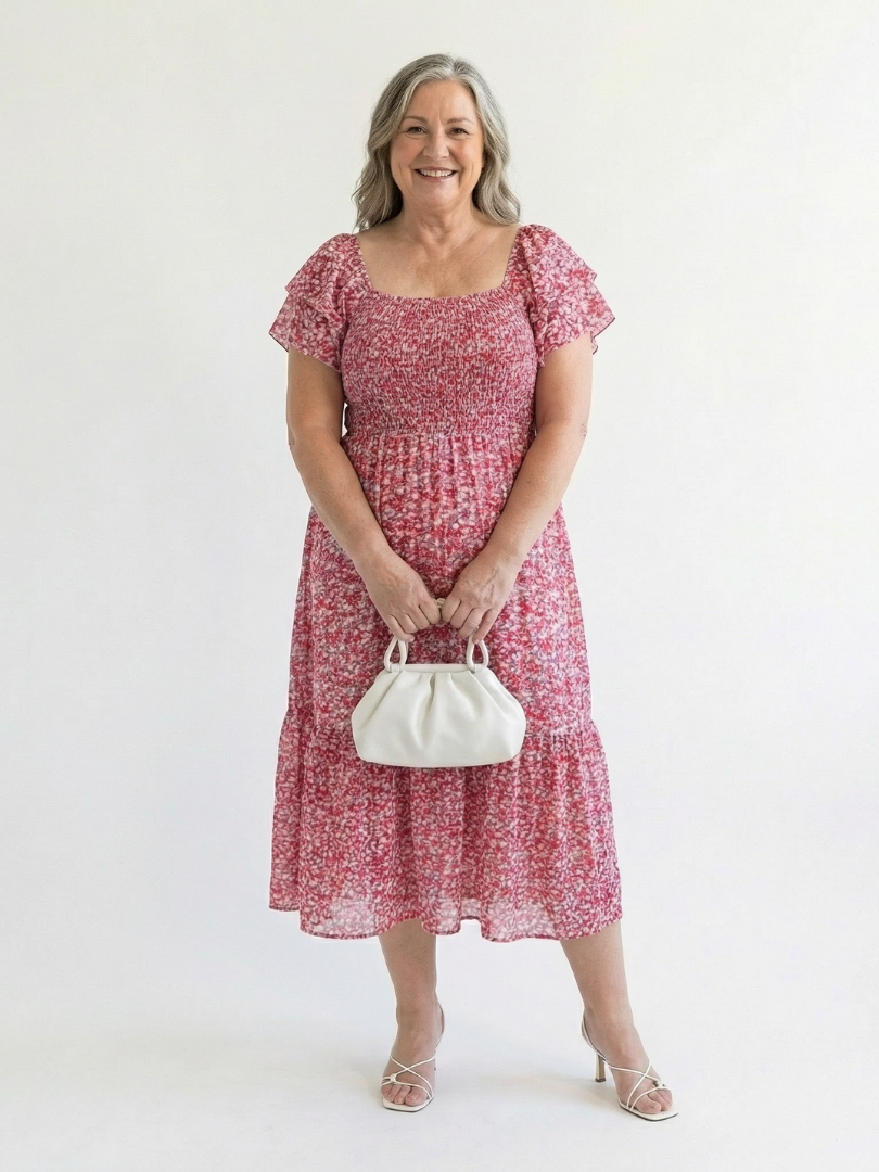 Thorunn — Floral Off-Shoulder Smocked Midi Dress with Ruffle Sleeves