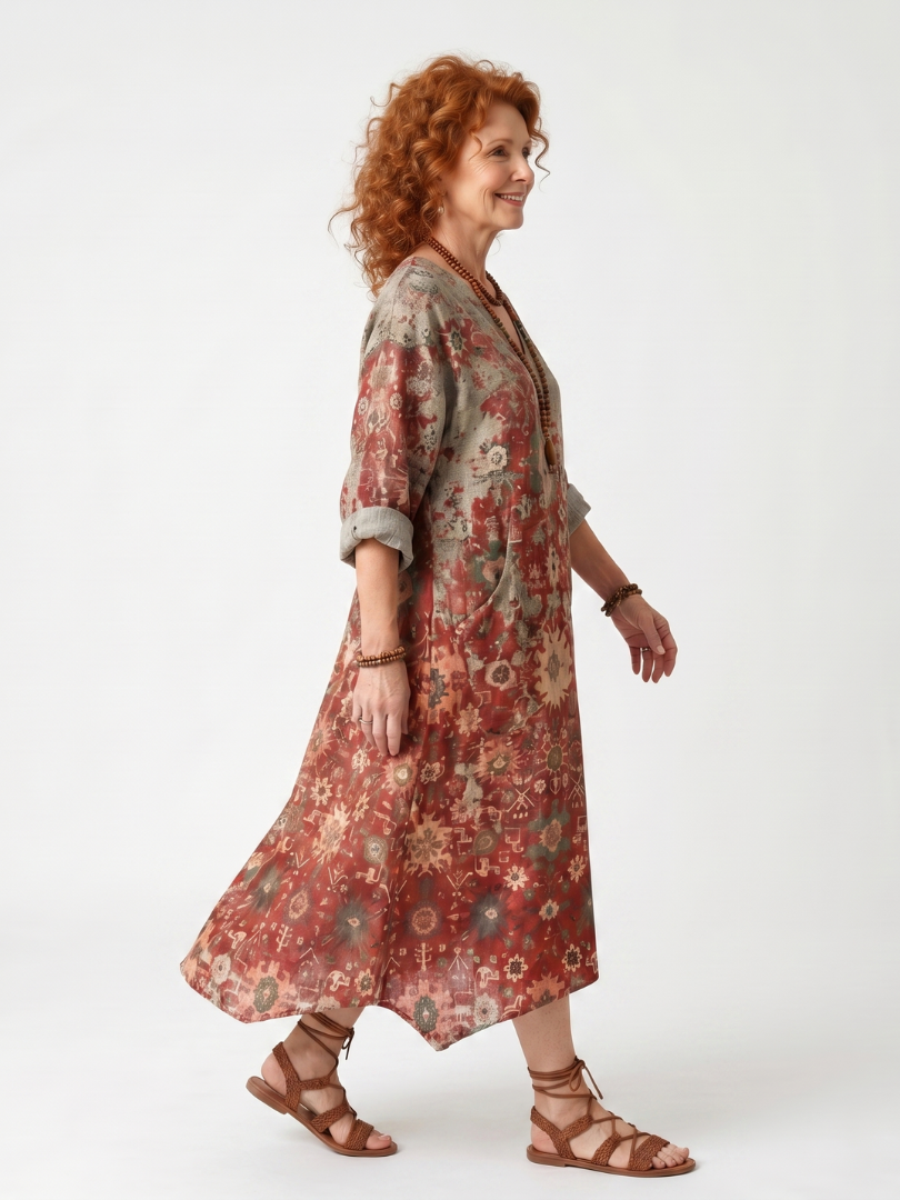 Roswitha — Rust Floral Mixed-Pattern Relaxed Midi Dress with Pockets