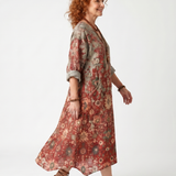 Roswitha — Rust Floral Mixed-Pattern Relaxed Midi Dress with Pockets