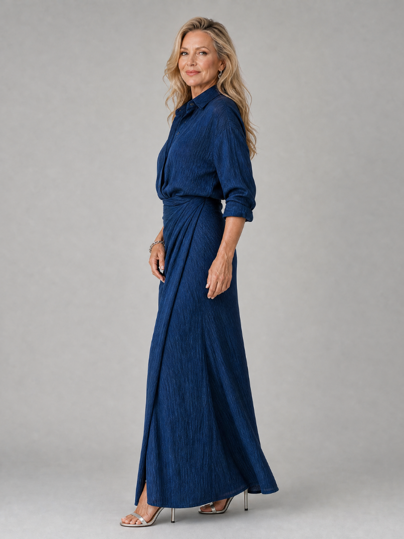 Meinwen — Navy Wrap-Front Long-Sleeve Maxi Dress with Gathered Waist