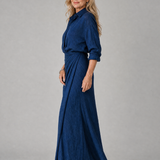 Meinwen — Navy Wrap-Front Long-Sleeve Maxi Dress with Gathered Waist