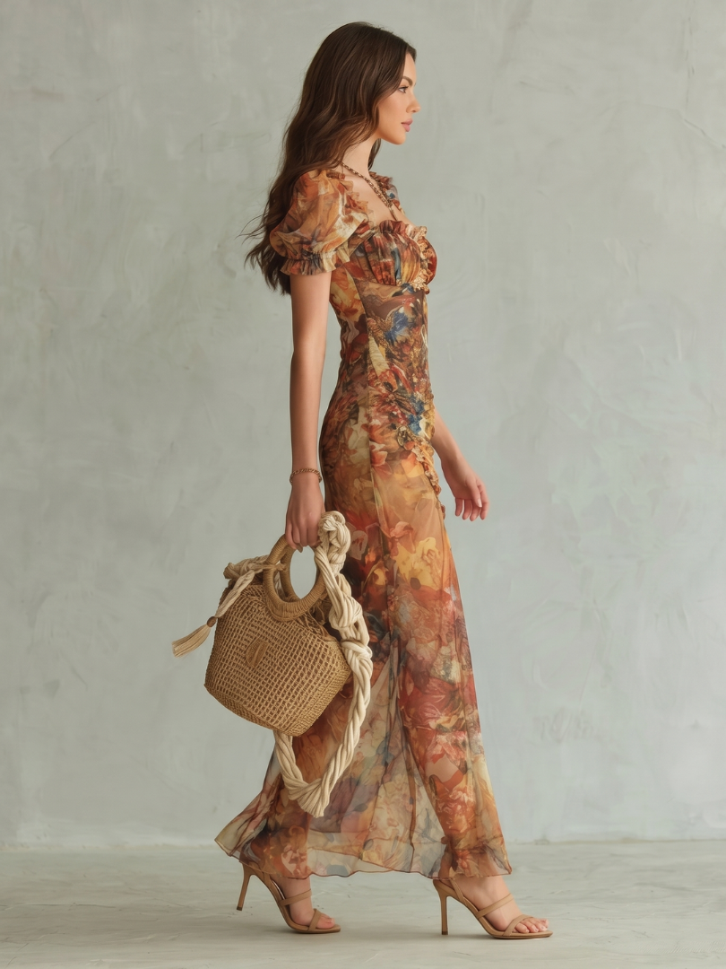 Ginevra — Ochre Floral Midi Dress with Ruched Bodice, Ruffle Sleeves and Front Slit